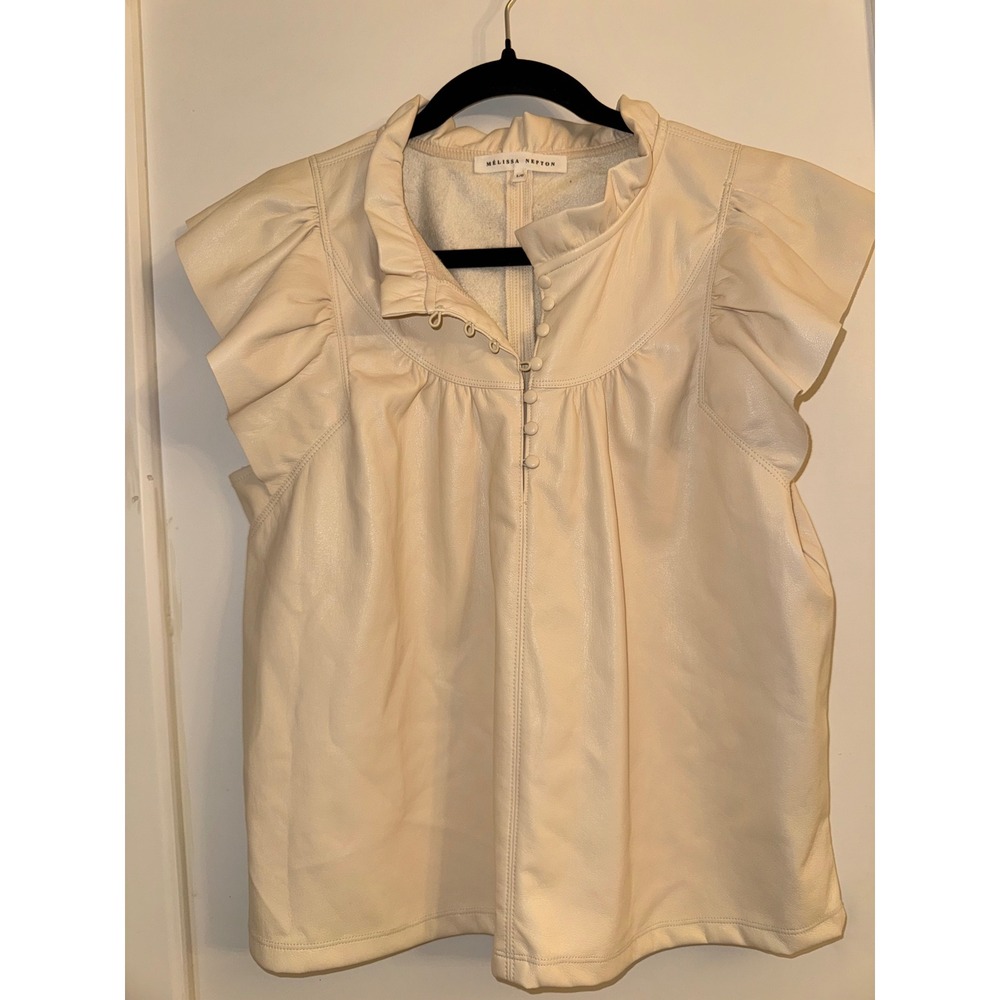 Melissa Nepton Safir Ivory Faux Leather Ruffle Cap Sleeve Top Large W6908